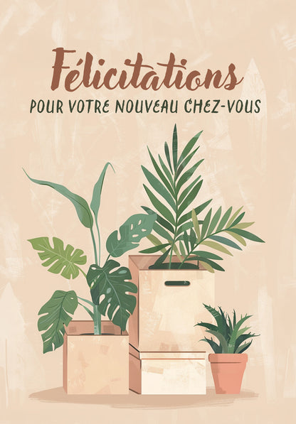Felicitatiobs pour votre nouveau chez-vous - Cartons et plantes